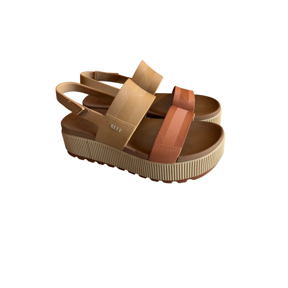 Reef Womens Water Vista Higher Sandals Tan Coral Pink Platform Strappy